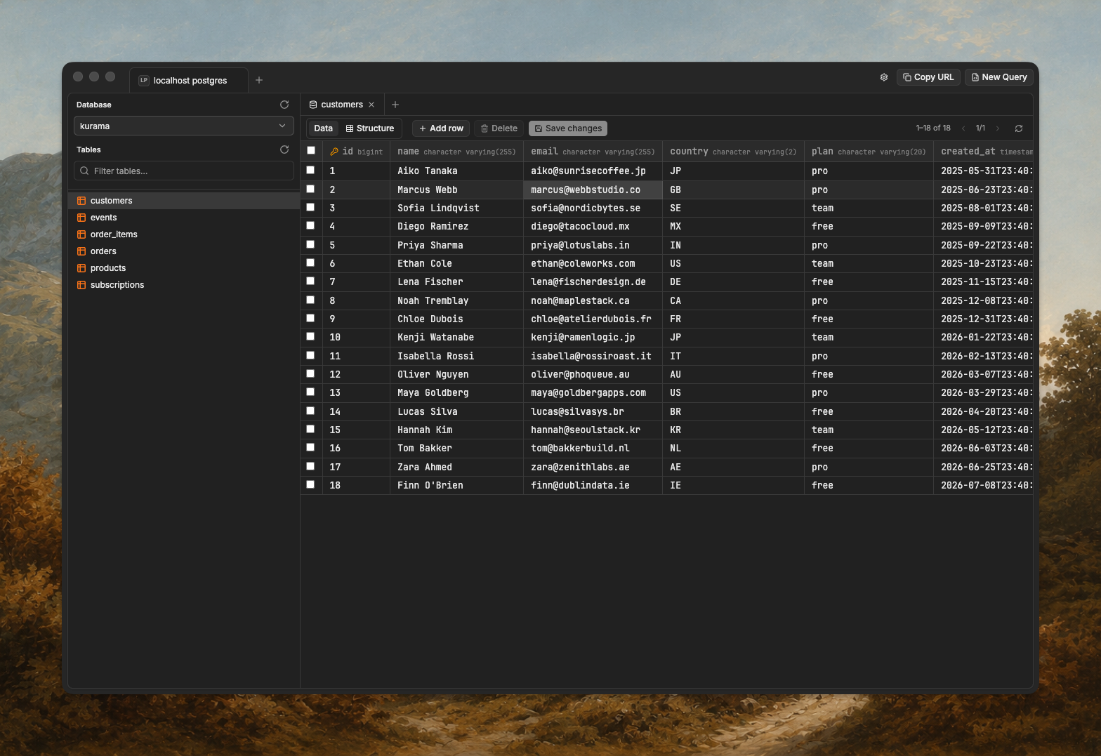 Kurama in dark mode showing the customers table for a local PostgreSQL database
