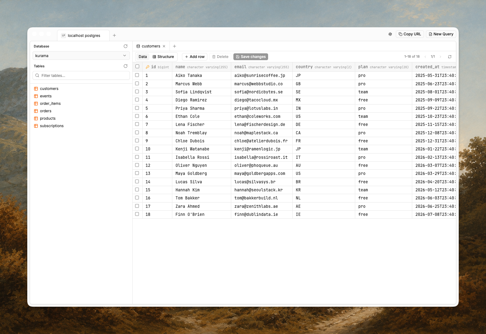 Kurama showing the customers table for a local PostgreSQL database