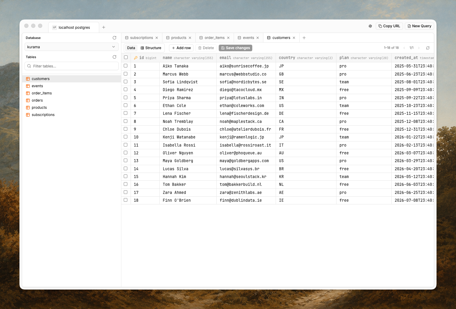 Kurama showing the customers table for a local PostgreSQL database